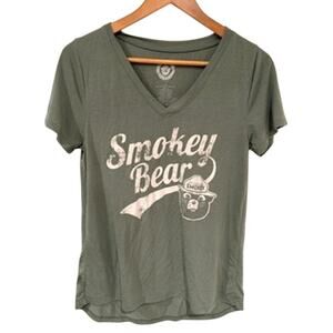 Smokey Bear Women’s V-Neck Graphic T-Shirt Sage Green Basic Outdoors Smoky Bear